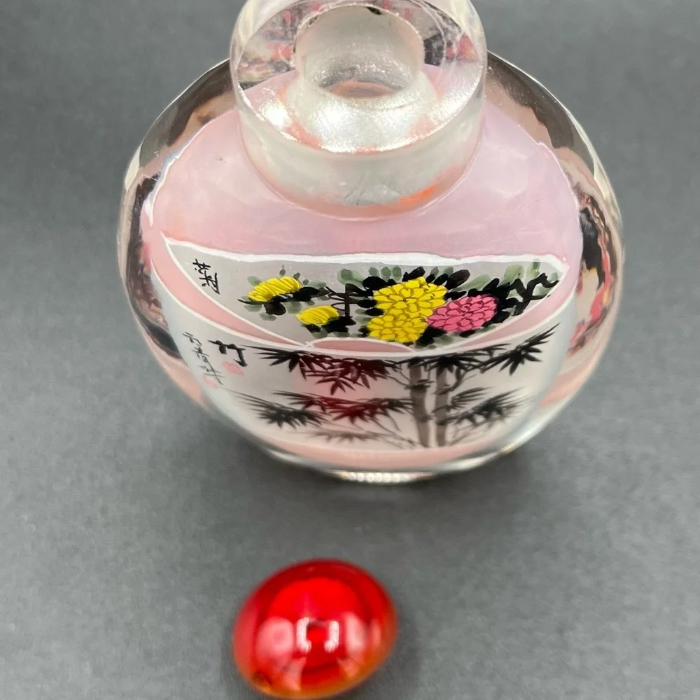 VTG Traditional‎ Chinese Reverse Painted Snuff Bottle Cherry Blossoms 4.5” EUC